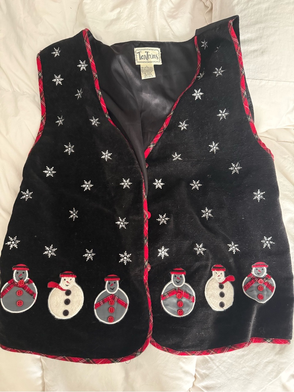 Tantrums Black Vest with Red Trim and Snowman Appliques